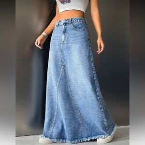 Stylish Medium Wash Blue Denim Maxi Skirt